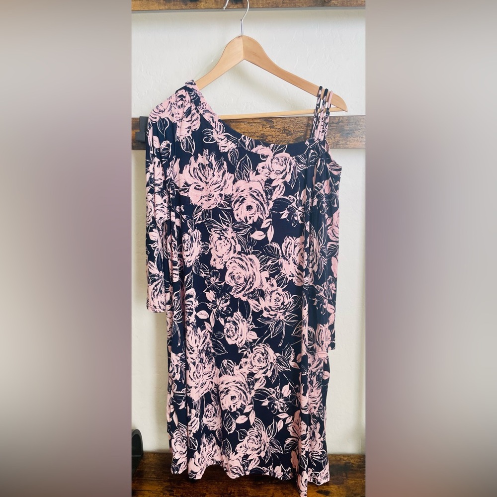 Honeyme Curvy XL Three Strap Off The Shoulder 3/4 Length Sleeve Floral Dress